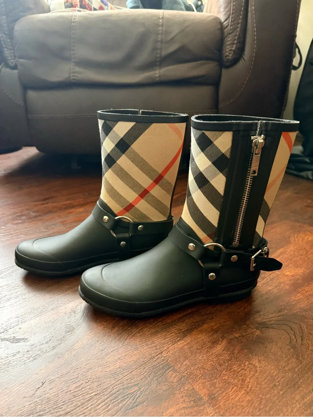 Burberry Black & Beige Plaid Harness Rain Boots